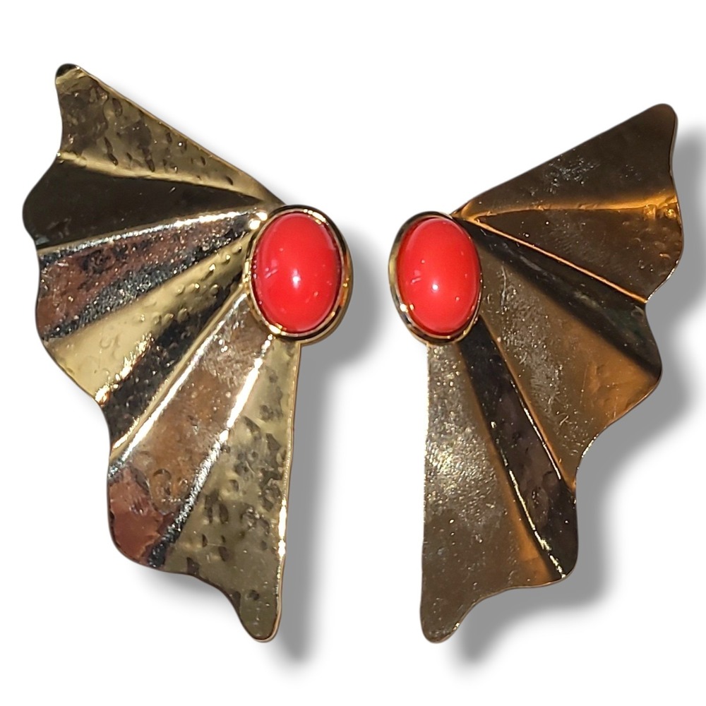 Vintage '80S Big Gold Tone Orange Cabochon Fan Wing Pierced Earrings - Picture 2 of 3
